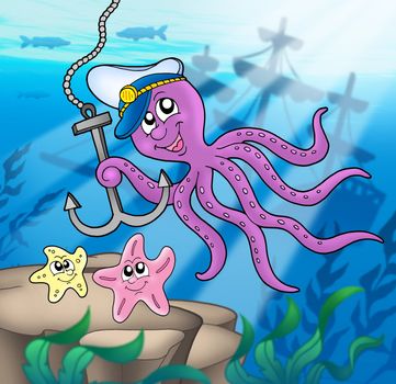 Octopus with anchor and starfishes - color illustration.
