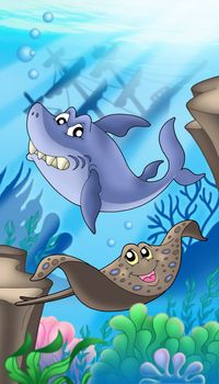Shark and eagle ray with shipwreck - color illustration.