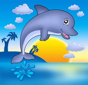 Smiling dolphin with sunset - color illustration.
