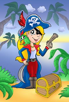 Blond pirate woman with treasure chest - color illustration.