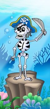 Pirate skeleton on sea bottom - vector illustration.