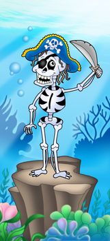 Pirate skeleton on sea bottom - vector illustration.