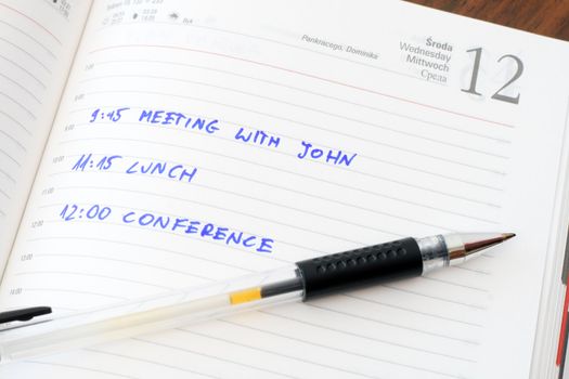 Diary with notes and a pen on wooden table

