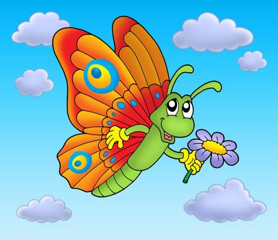 Butterfly with flower on blue sky - color illustration.