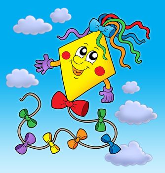 Cute kite on blue sky - color illustration.