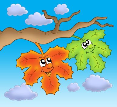 Pair of autumn leaves on blue sky - color illustration.