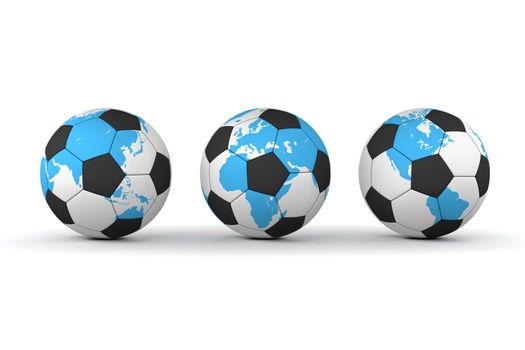 three footballs/soccer balls in a line - textured with different parts of a world map