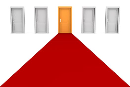 line of five doors, one orange door in the middle - red carpet to the orange door