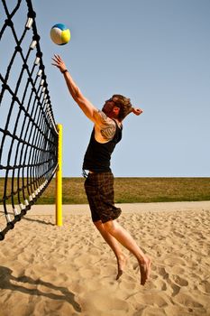 Dynamic Jump To The Net For A Volleyball Hit