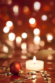 Christmas decoration with bauble. Shallow depth of field, focus on bauble, aRGB.