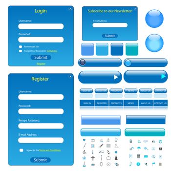 Colorful blue web template with forms, bars, buttons and many icons.