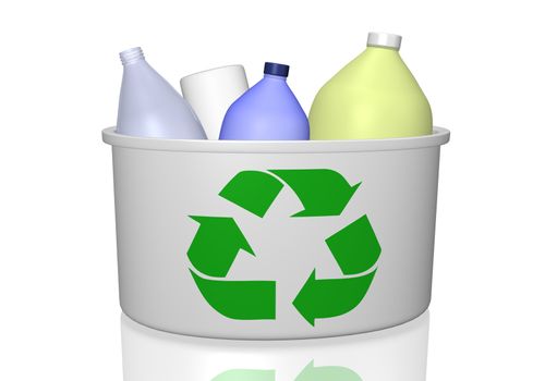 Image of a recycle bin and empty bottles isolated on a white background.