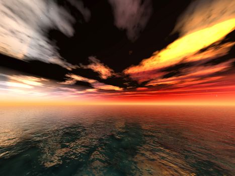 3D rendered ocean sunset.