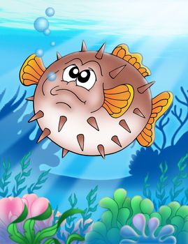 Balloonfish with bubbles - color illustration.