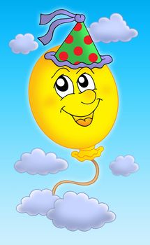 Color illustration of balloon with party cap on sky.