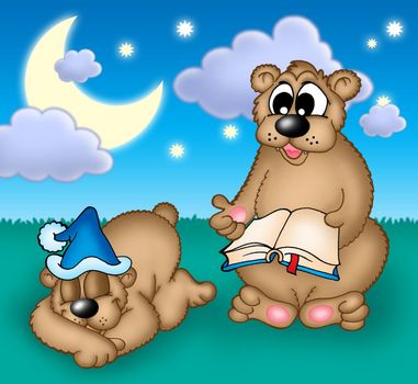 Two bears under evening sky - color illustration.