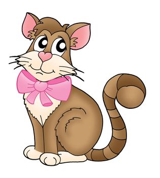 Color illustration of brown cat with pink ribbon.