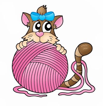 Cat with pink skein - color illustration.