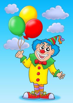 Clown with balloons on blue sky - color illustration.