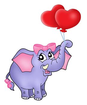Color illustration of elephant girl with heart balloons.