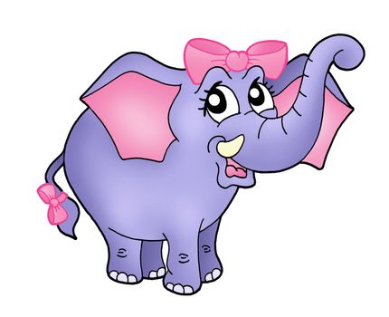 Color illustration of elephant girl with blue ribbon.
