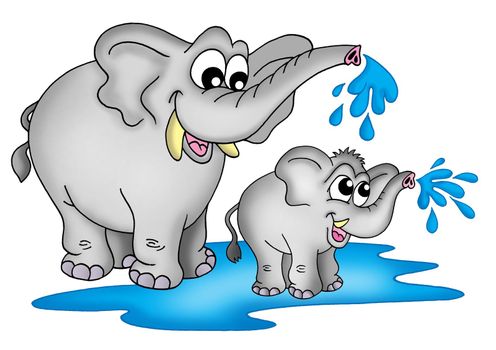 Illustration of two elephants. One small a one big standing in water and playing.