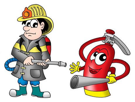 Fireman and fire extinguisher - color illustration.