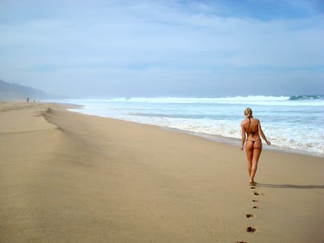 Young lady walking alone along the beach