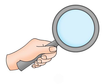 Color illustration of hand with magnifying glass.
