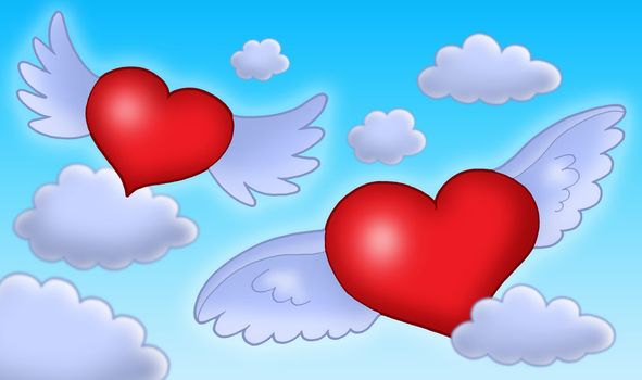 Red hearts with blue wings on blue sky - color illustration.