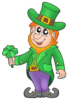 Leprechaun with four leaves clover - color illustration.