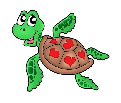 Little sea turtle with hearts - color illustration.