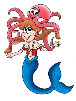Mermaid with octopus above her head - color illustration.