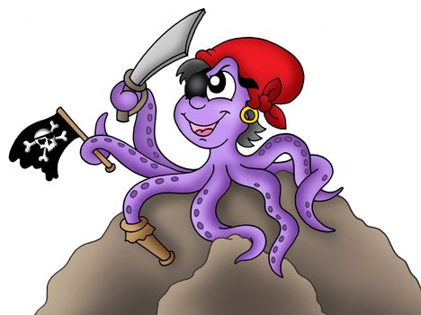 Pirate octopus, sitting on rock - color illustration.
