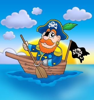 Pirate on boat with sunset - color illustration.