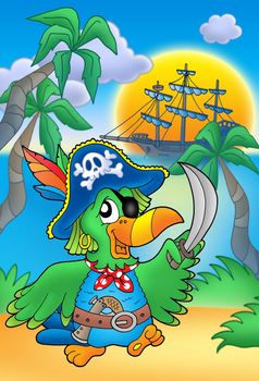 Pirate parrot with boat - color illustration.