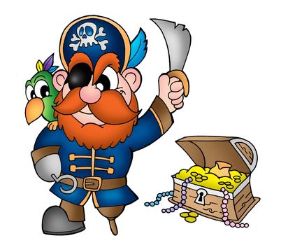 Pirate with treasure chest - color illustration.