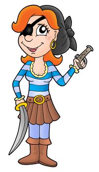 Pirate woman with sabre and pistol - color illustration.
