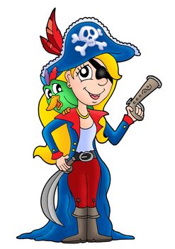Pirate woman with parrot - color illustration.