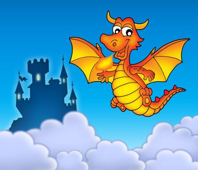 Red dragon with castle - color illustration.