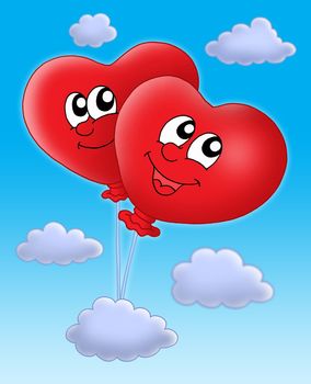 Color illustration of two heart ballons on blue sky.