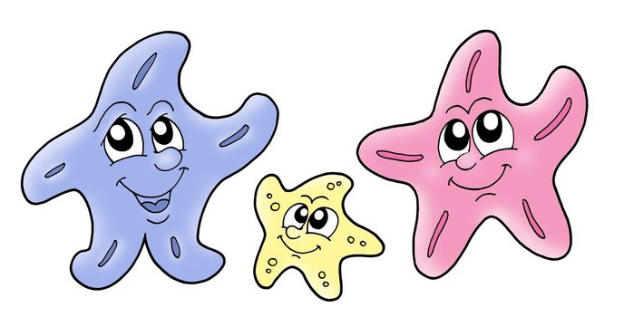 Starfish family - color illustration, blue, yellow, red.