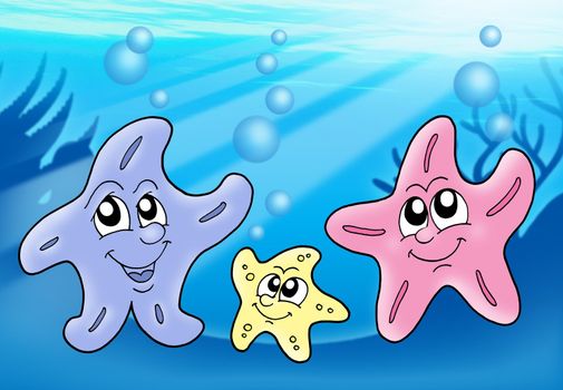 Starfish family playing with bubbles - color illustration.