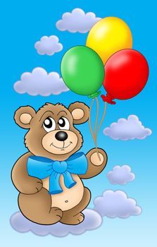 Teddy bear with color balloons on blue skye - color illustration.