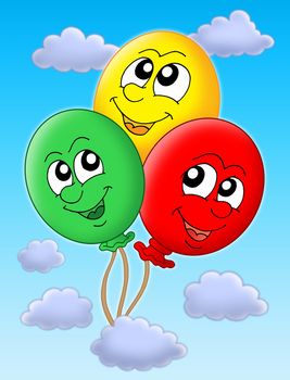 Color illustration of three balloons on blue sky..