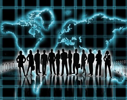 Silhouettes of men and women in business with world map background