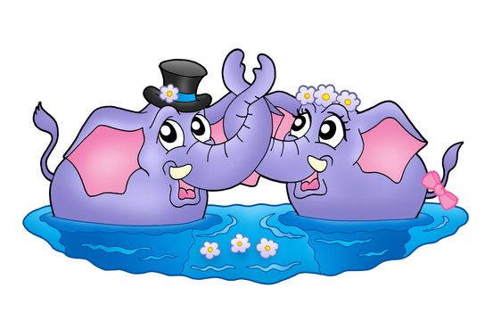 Color illustration of two elephants in water. Like bride and groom.