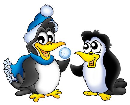 Two penguins with snowball - color illustration.