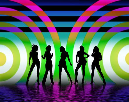 Silhouettes of pretty women dancing over abstract background