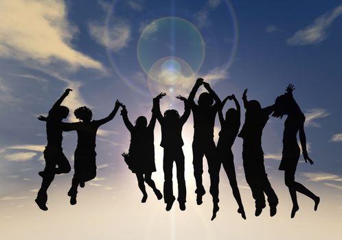 Silhouette of a group of young people jumping with sky background